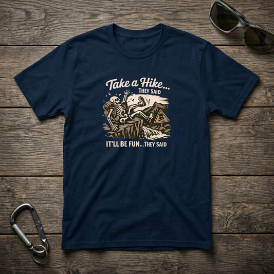 True navy graphic T-shirt by Designed For The Wild Co featuring a rugged outdoor hiking design and casual fit.