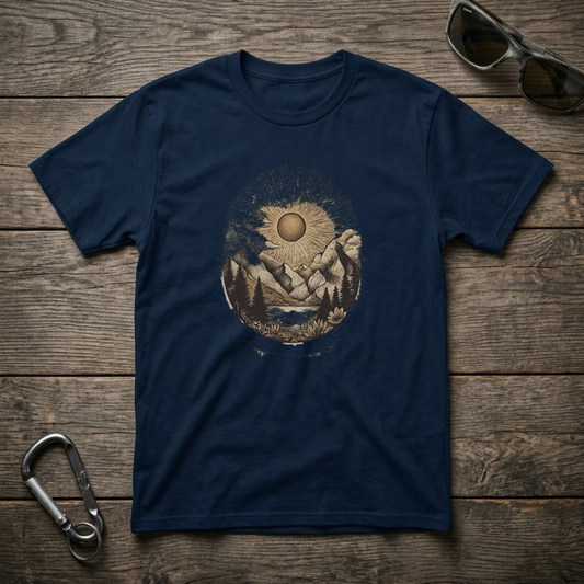 True navy Desert Sunset graphic T-shirt by Designed For The Wild Co featuring a vibrant sunset design on soft garment-dyed fabric.