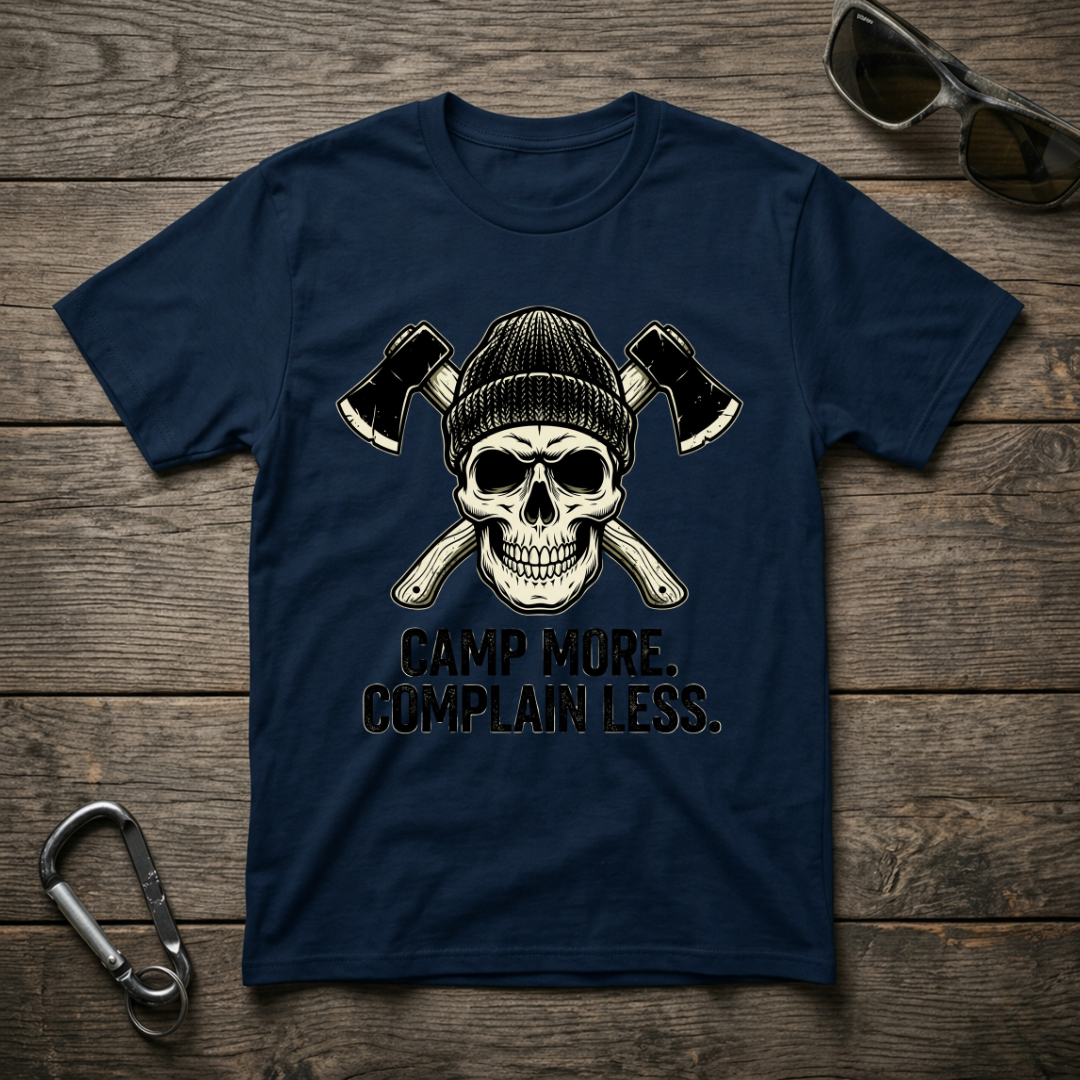 Designed For The Wild Co Camp More Complain Less graphic T-shirt in true navy, featuring casual, comfortable cotton fabric and printed design.
