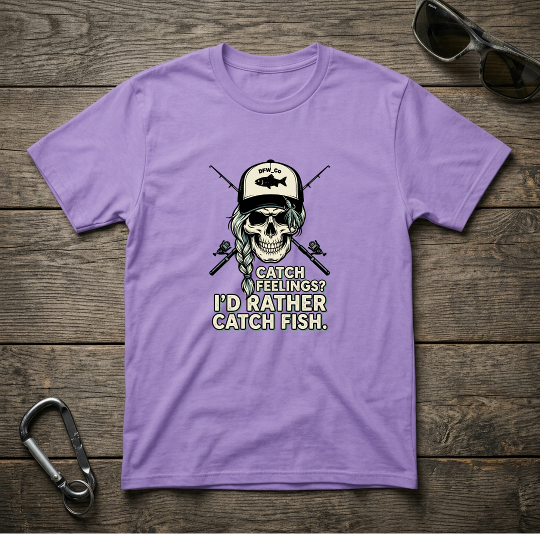 Violet graphic T-shirt by Designed For The Wild Co featuring a fish-catching design, made from garment-dyed fabric.