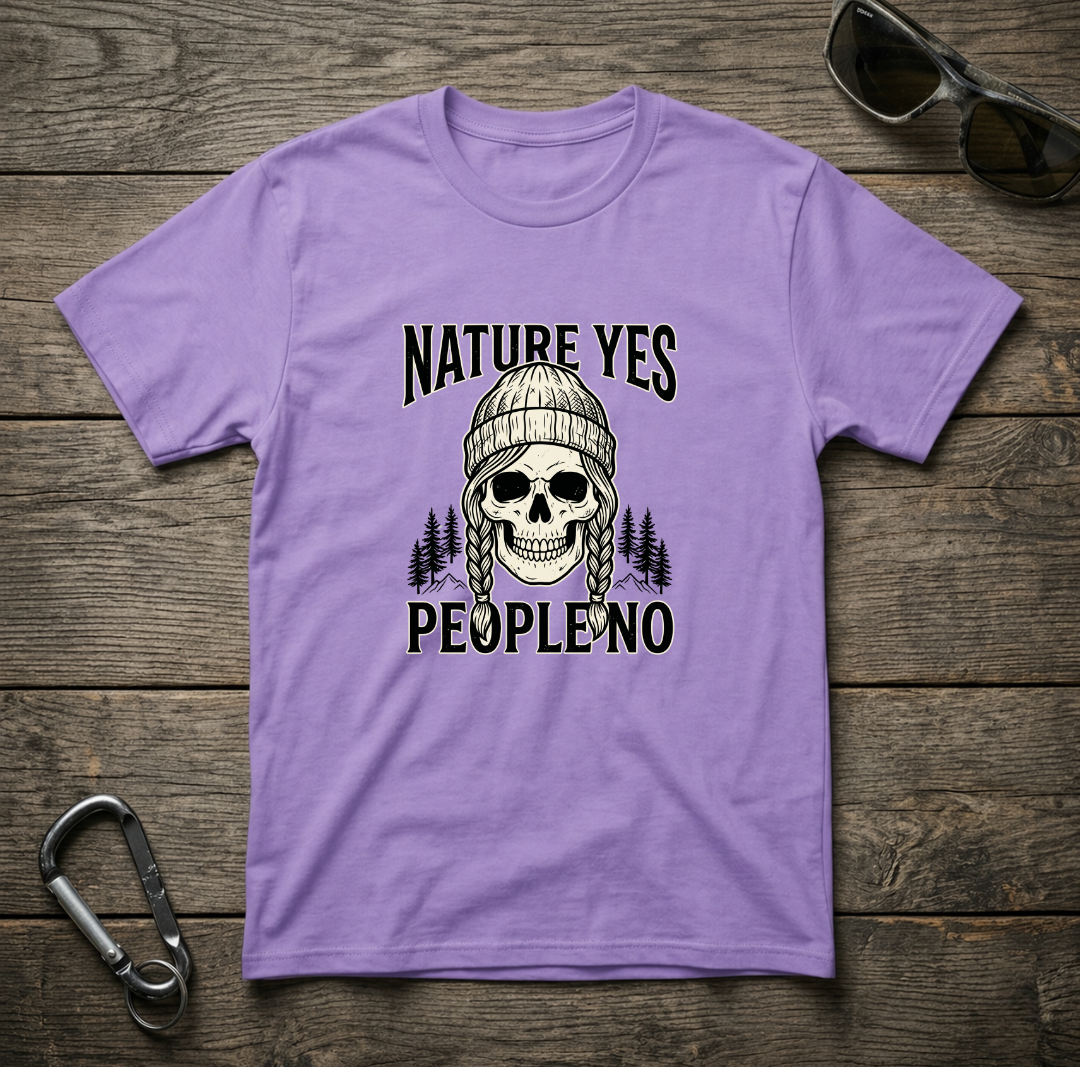 Violet graphic T-shirt from Designed For The Wild Co featuring a nature-inspired design with the text "Nature Yes, People No."