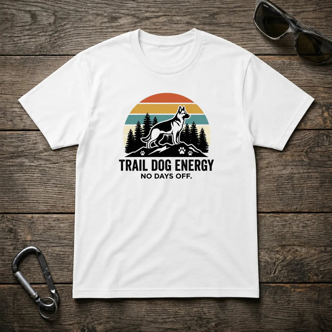 White Trail Dog Energy heavyweight graphic T-shirt by Designed For The Wild Co featuring a bold dog-themed design.