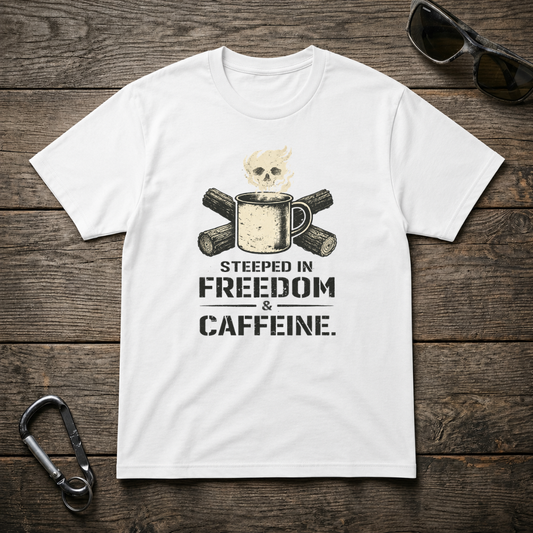 White graphic T-shirt featuring "Steeped In Freedom & Caffeine" design by Designed For The Wild Co, casual and stylish for everyday wear.