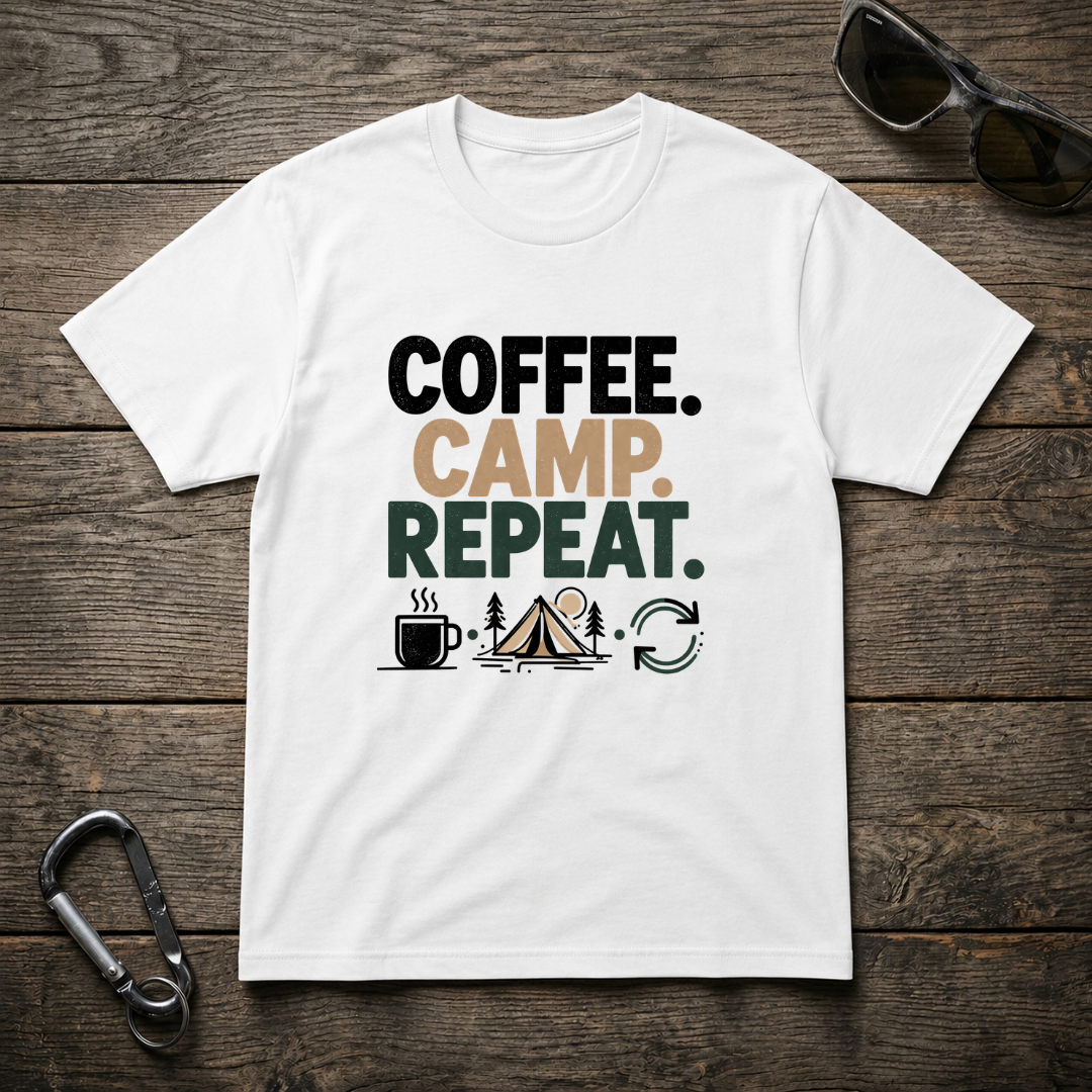 White heavyweight graphic T-shirt from Designed For The Wild Co featuring "Camp Coffee Repeat" text and outdoor-themed design.