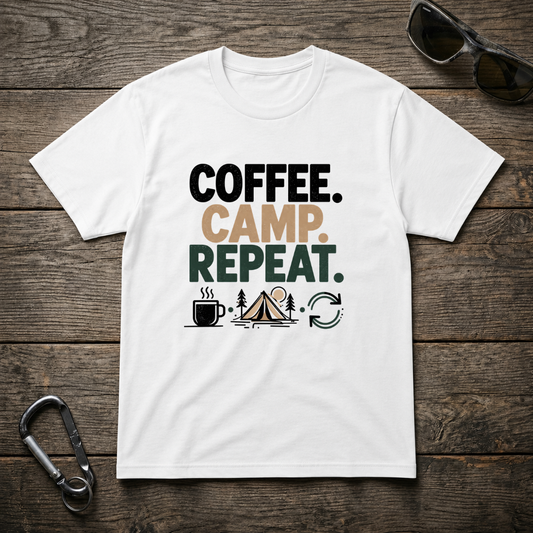 White heavyweight graphic T-shirt from Designed For The Wild Co featuring "Camp Coffee Repeat" text and outdoor-themed design.