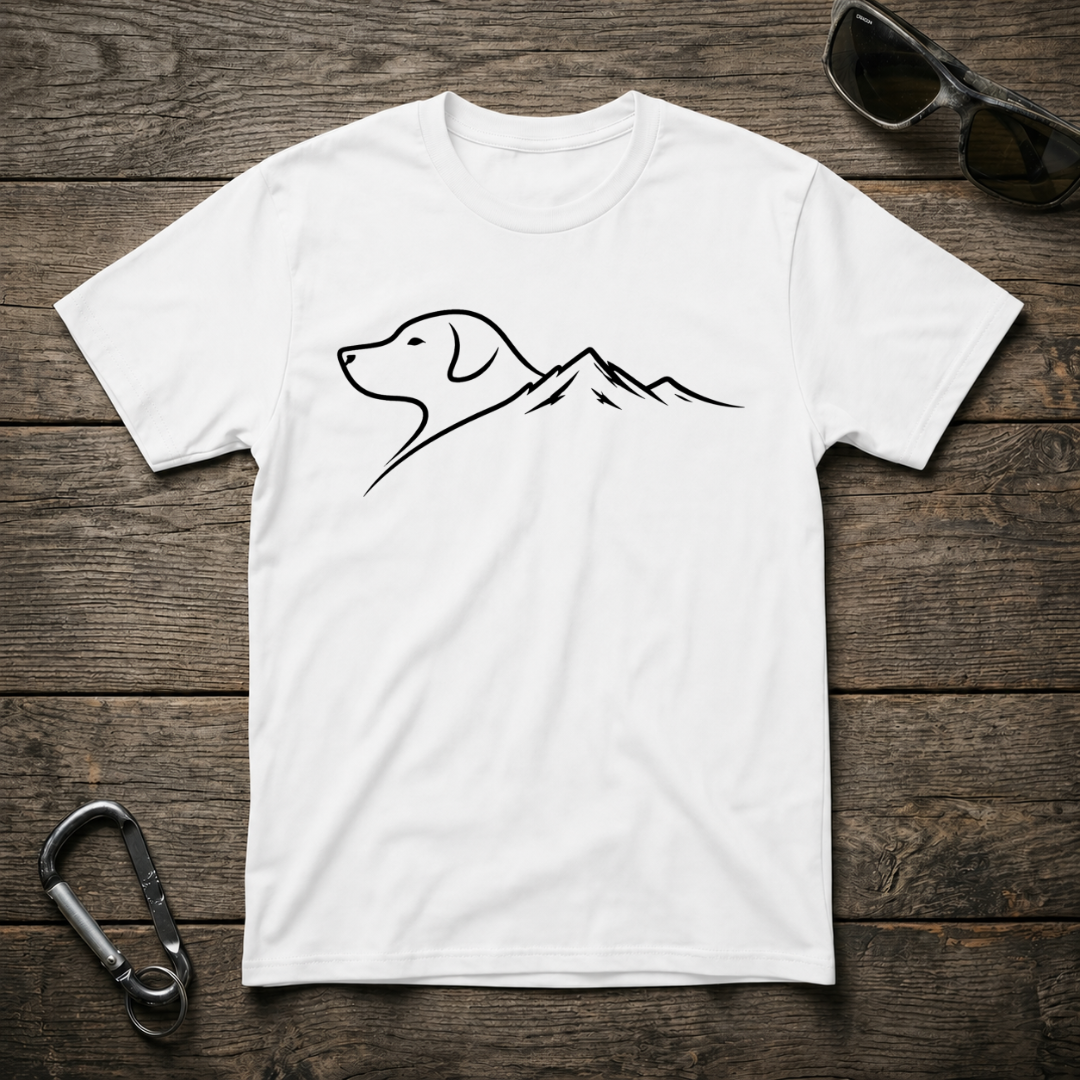 White graphic T-shirt from Designed For The Wild Co featuring a dog and mountain trail design on soft cotton fabric.
