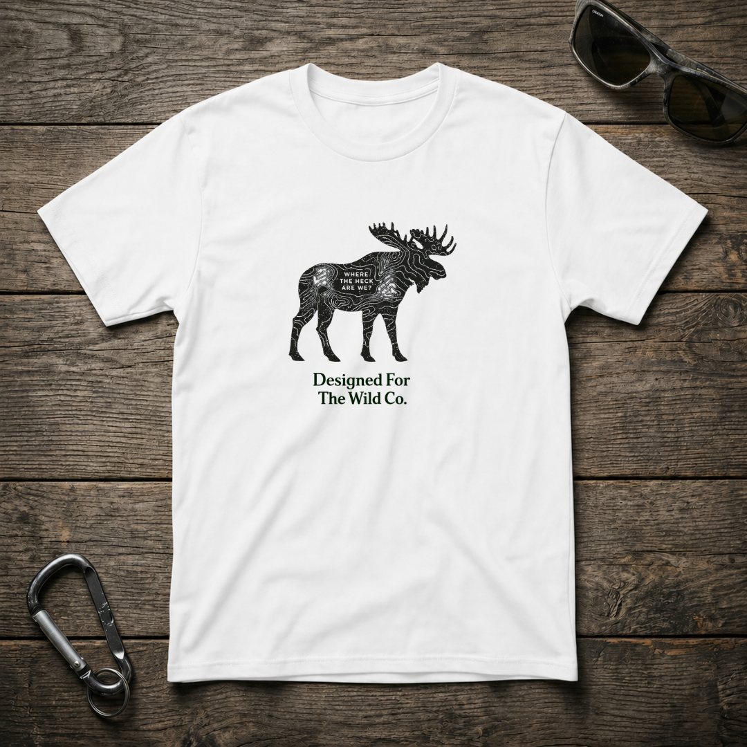 White Moose Trail Badge Graphic T-Shirt by Designed For The Wild Co featuring a colorful moose badge print on soft cotton fabric.