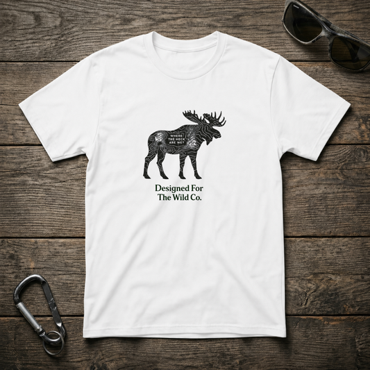 White Moose Trail Badge Graphic T-Shirt by Designed For The Wild Co featuring a colorful moose badge print on soft cotton fabric.