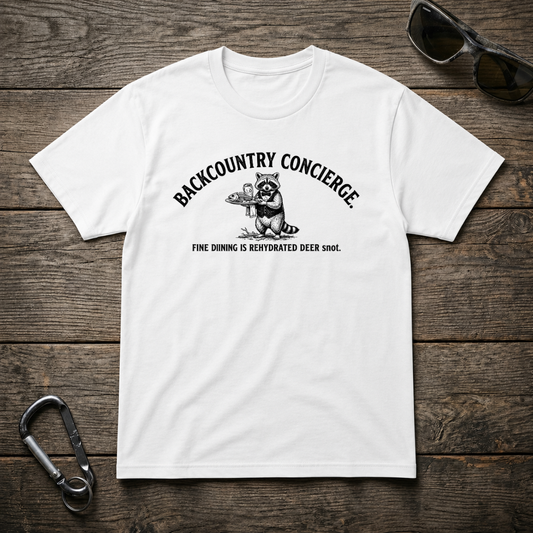 White Designed For The Wild Co Backcountry Concierge Heavyweight Graphic T-Shirt with outdoor-themed print.