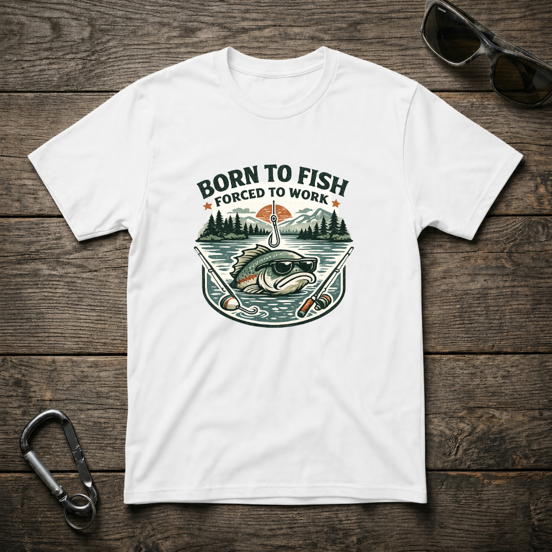 White graphic T-shirt by Designed For The Wild Co featuring "Born to Fish, Forced to Work" text in softstyle fabric.