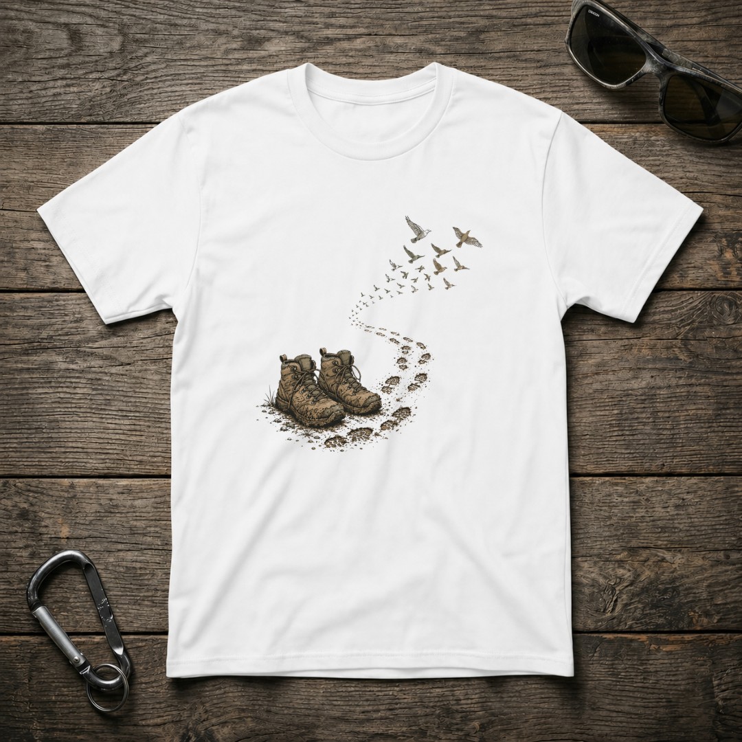 White graphic T-shirt from Designed For The Wild Co with a softstyle boot and nature-inspired design.