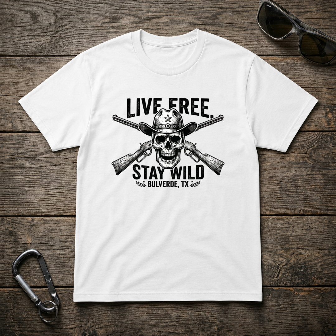 White heavyweight graphic T-shirt from Designed For The Wild Co with "Live Free Stay Wild" print, casual and comfortable fit.