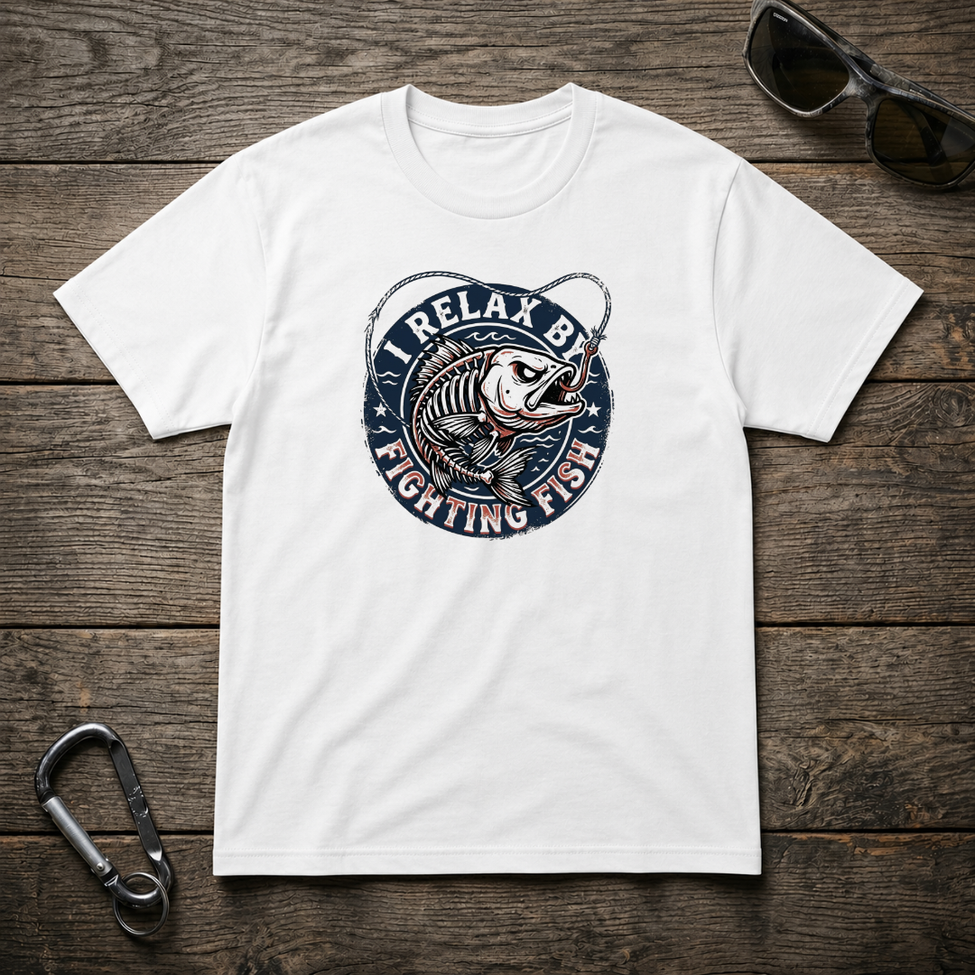 White graphic T-shirt by Designed For The Wild Co featuring a fighting fish design on the front.