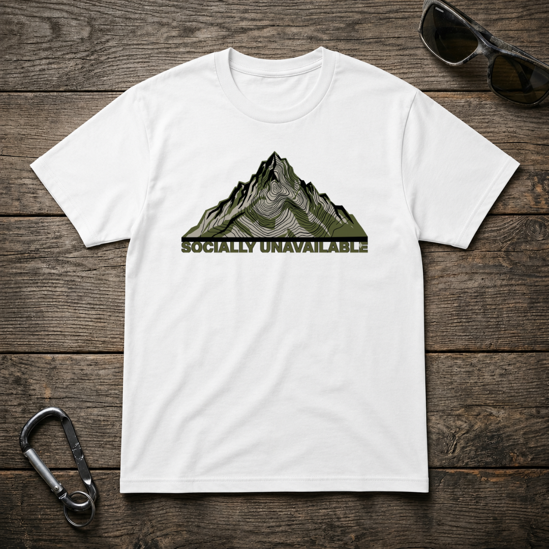 White heavyweight graphic T-shirt by Designed For The Wild Co featuring bold "Socially Unavailable" print.