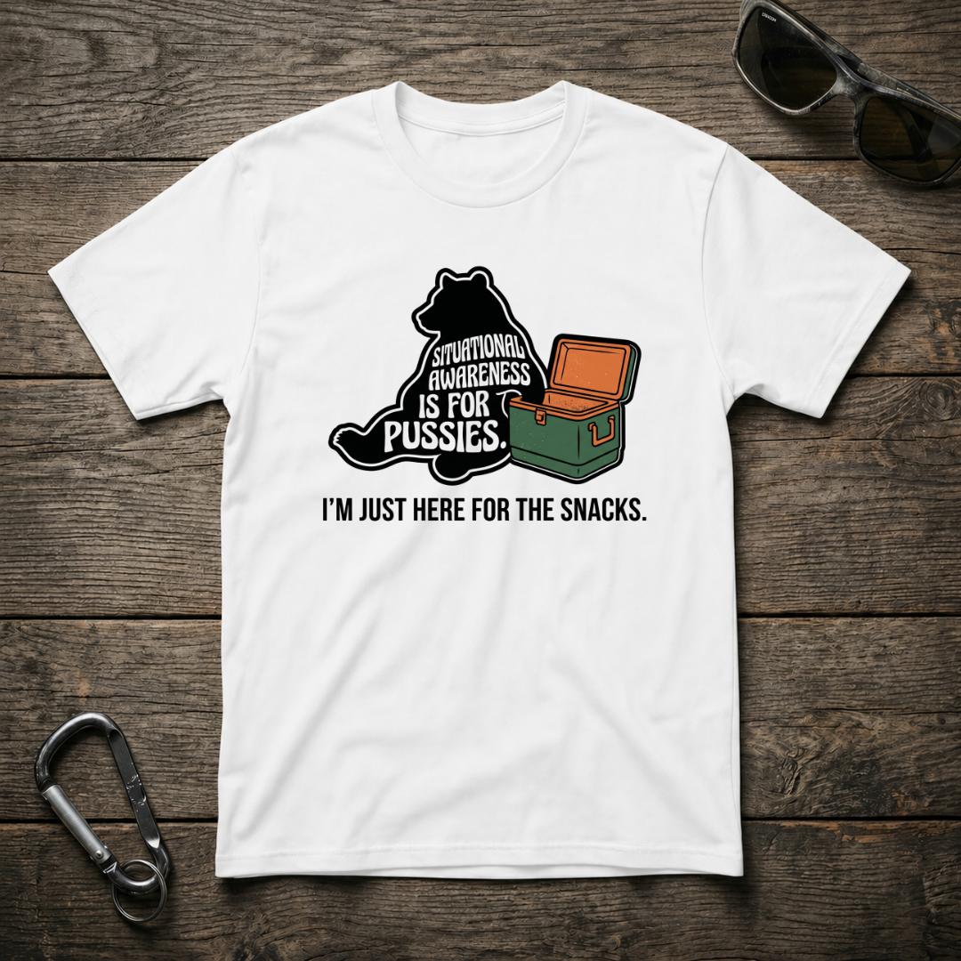 White graphic T-shirt featuring a bear illustration from Designed For The Wild Co, showcasing a stylish and casual look.