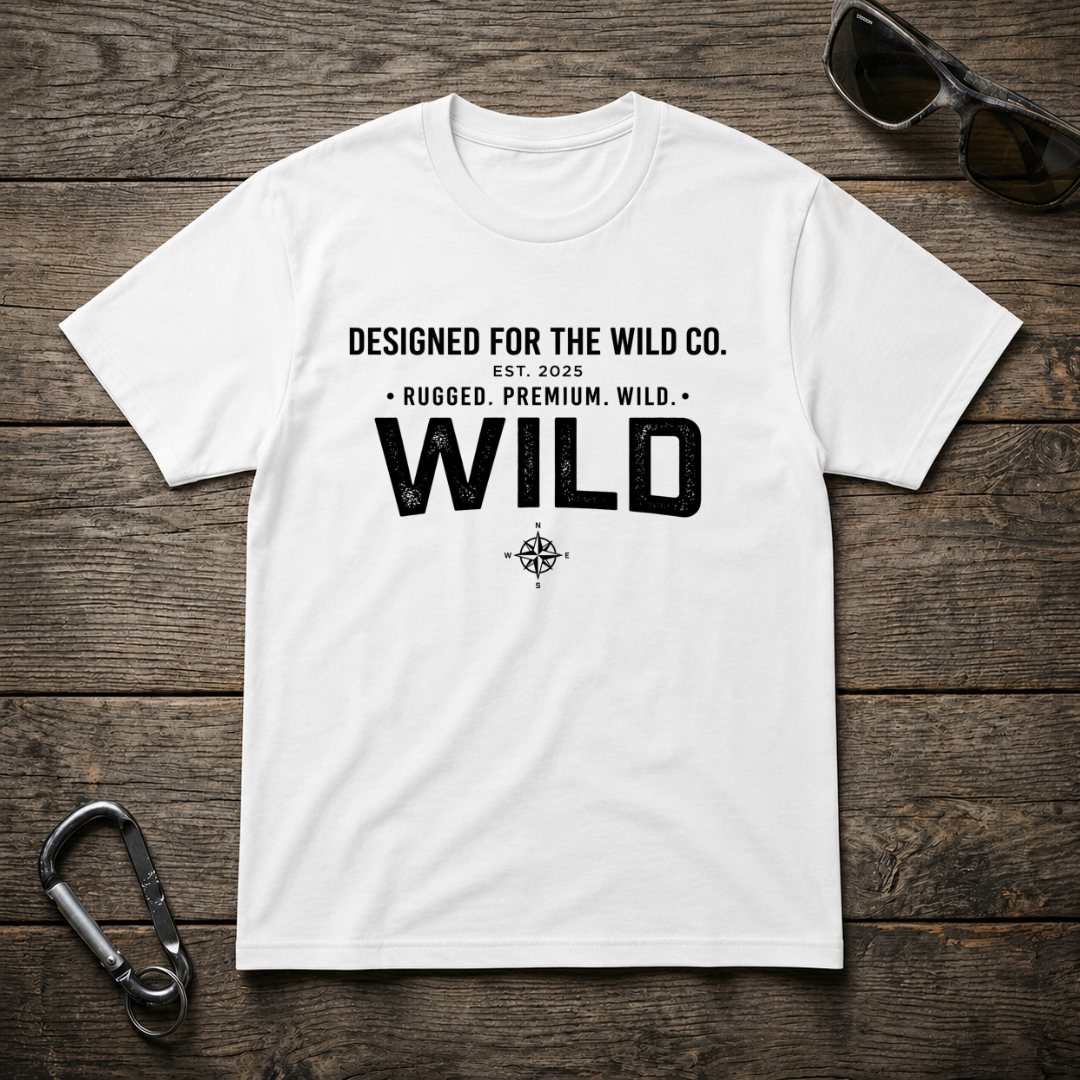 White Designed For The Wild Co. logo heavyweight graphic T-shirt with bold print on front, casual and stylish men's apparel