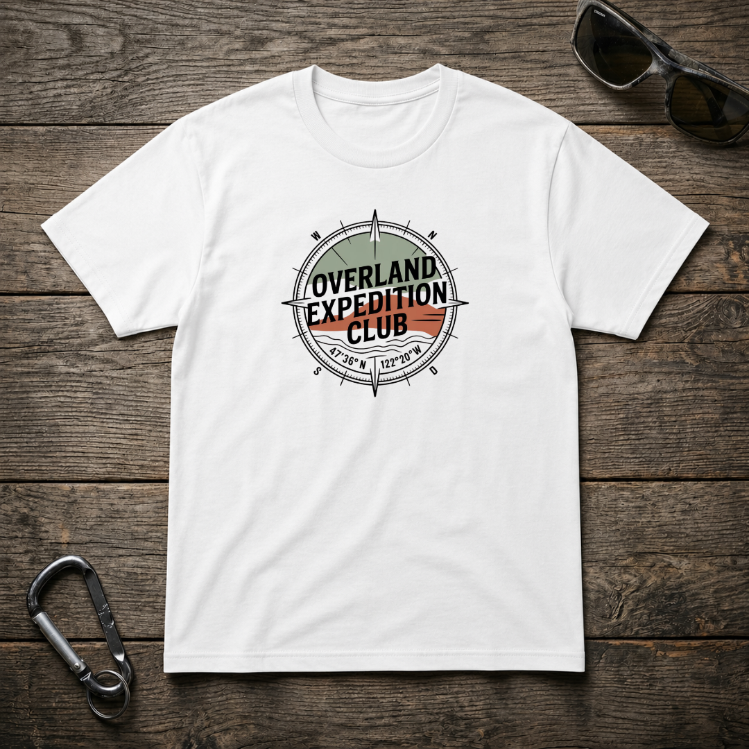 White Designed For The Wild Co Overland Expedition Heavyweight Graphic T-Shirt showing rugged outdoor design on front
