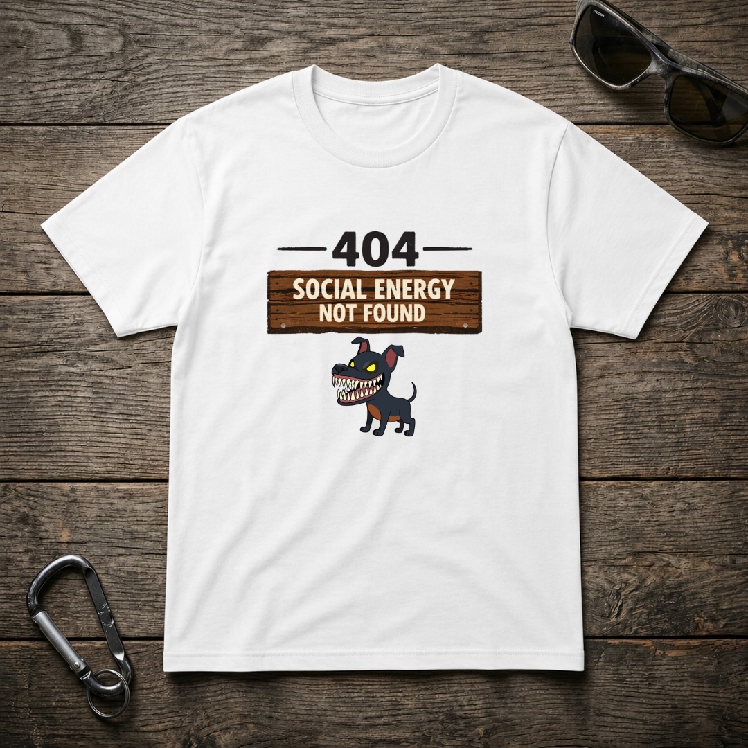 White heavyweight graphic T-shirt by Designed For The Wild Co featuring bold energy not found text and wild nature-inspired design.