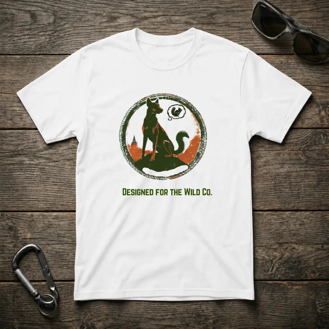 White squirrel graphic dog T-shirt by Designed For The Wild Co, garment-dyed cotton casual tee for dogs.