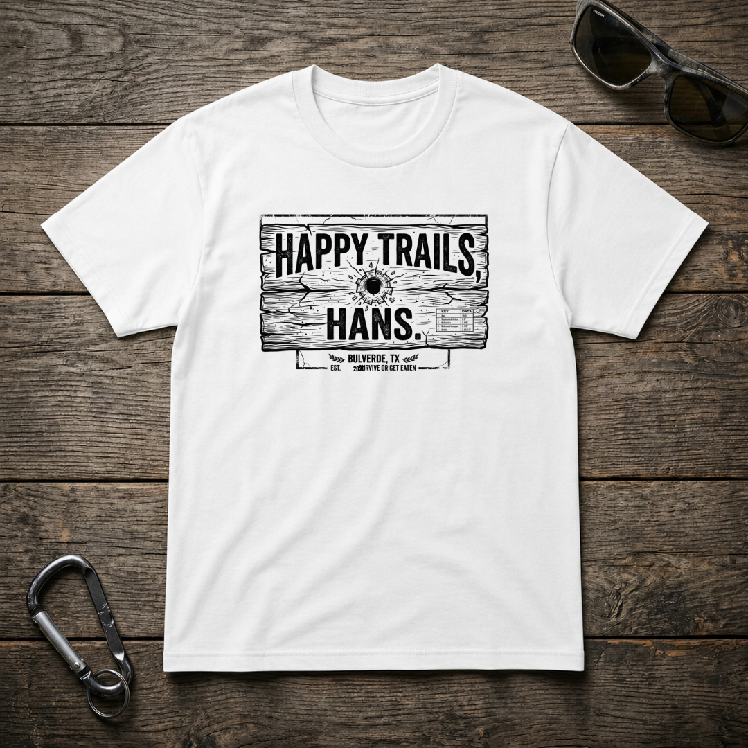 White graphic T-shirt from Designed For The Wild Co featuring the Happy Trails Hans Heavyweight T-Shirt design.