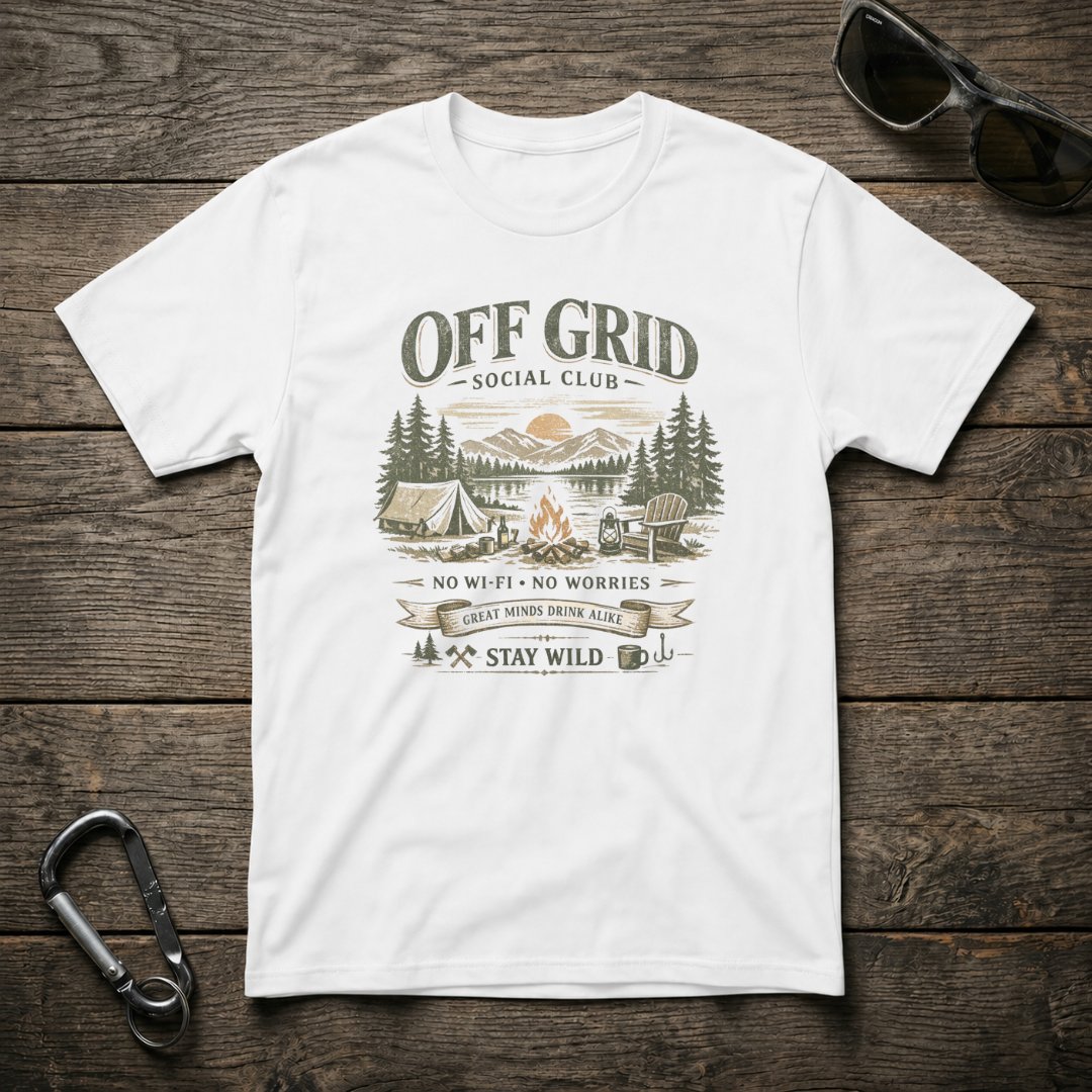 White Off-Grid Social Camping Softstyle T-Shirt by Designed For The Wild Co featuring a graphic camping design on soft cotton fabric.