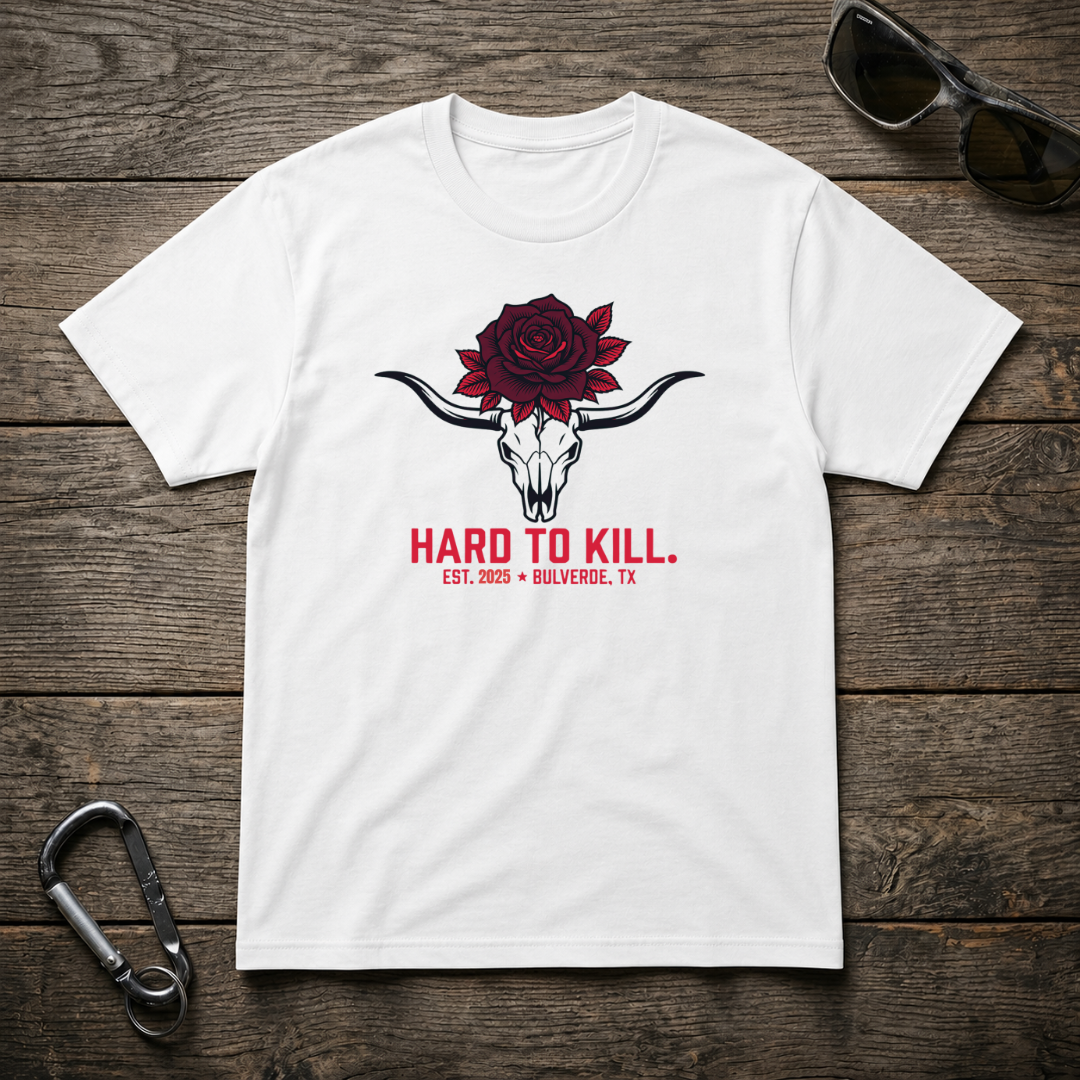 White graphic T-shirt featuring a long horn skull design from Designed For The Wild Co, heavyweight cotton, casual style