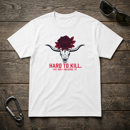 White graphic T-shirt featuring a long horn skull design from Designed For The Wild Co, heavyweight cotton, casual style