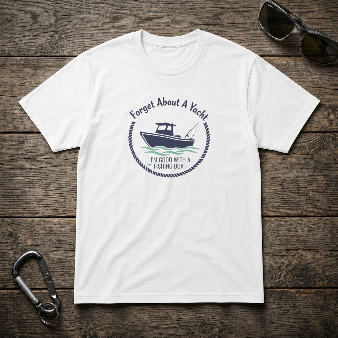 White Forget About A Yacht heavyweight graphic T-shirt by Designed For The Wild Co featuring bold printed design on the front.
