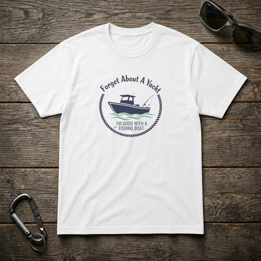 White Forget About A Yacht heavyweight graphic T-shirt by Designed For The Wild Co featuring bold printed design on the front.