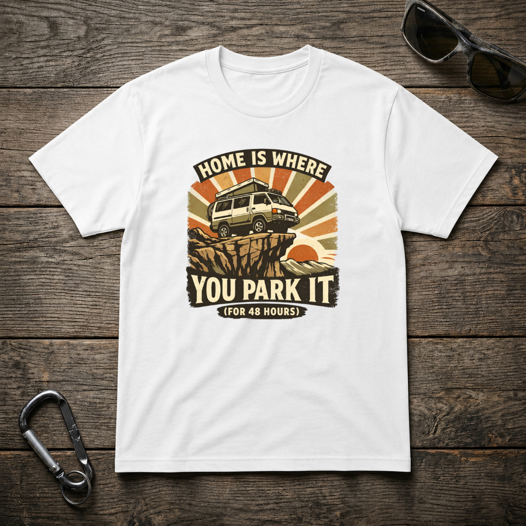 White heavyweight graphic T-shirt by Designed For The Wild Co featuring the "Home Is Where You Park It" design.