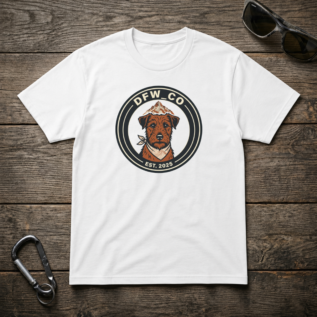 White graphic T-shirt from Designed For The Wild Co featuring a Schnauzer Trail Club design on the front.