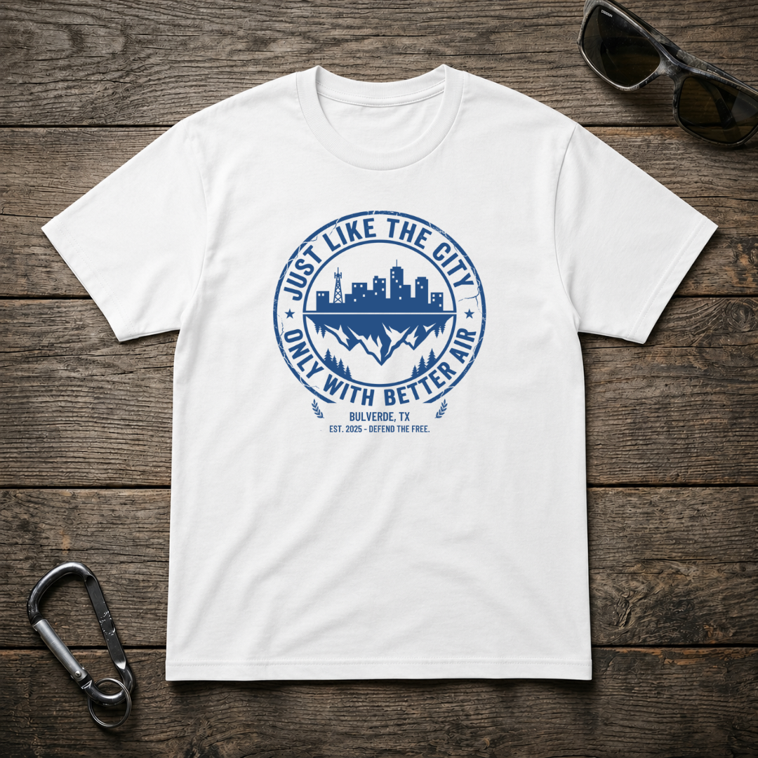 White graphic T-shirt by Designed For The Wild Co with city-inspired design, lightweight heavyweight style, casual and stylish.