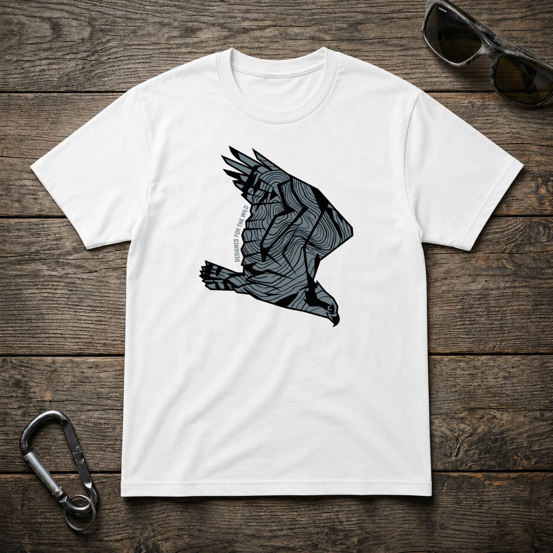 White Eagle Topography heavyweight graphic T-shirt by Designed For The Wild Co featuring detailed eagle and topography print.