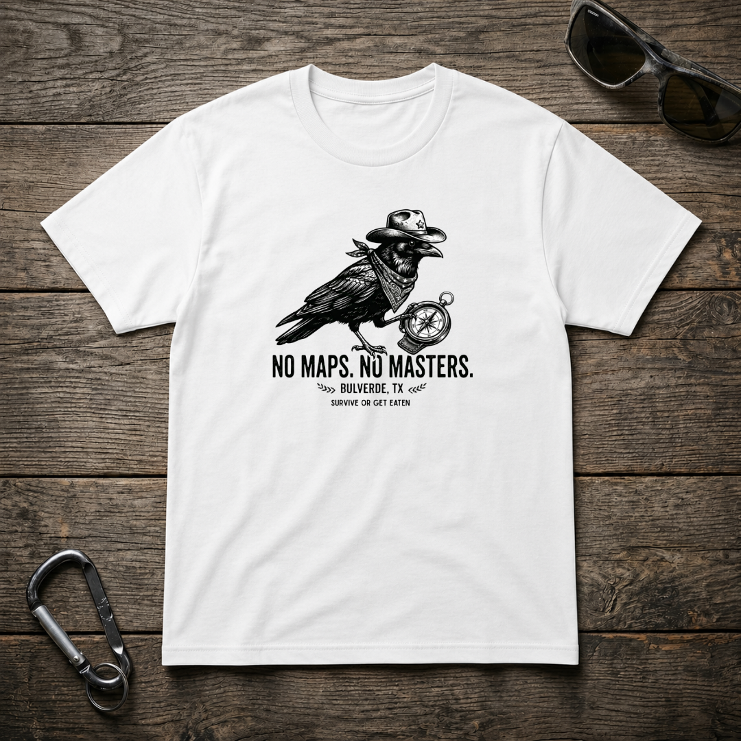 White heavyweight graphic T-Shirt by Designed For The Wild Co featuring bold "No Maps No Masters" print on the front.