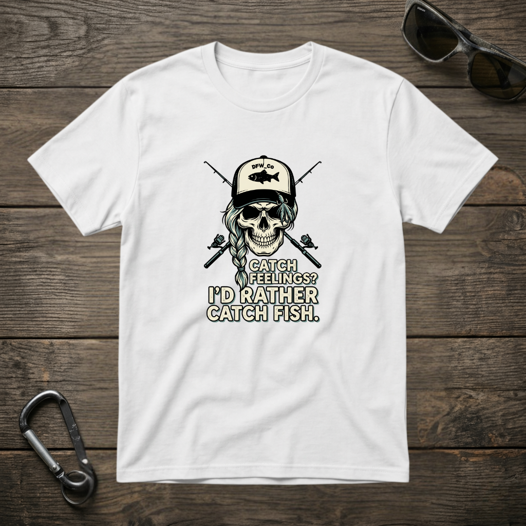 White graphic T-shirt from Designed For The Wild Co featuring a "I'd Rather Catch Fish" design, casual and comfortable fit.