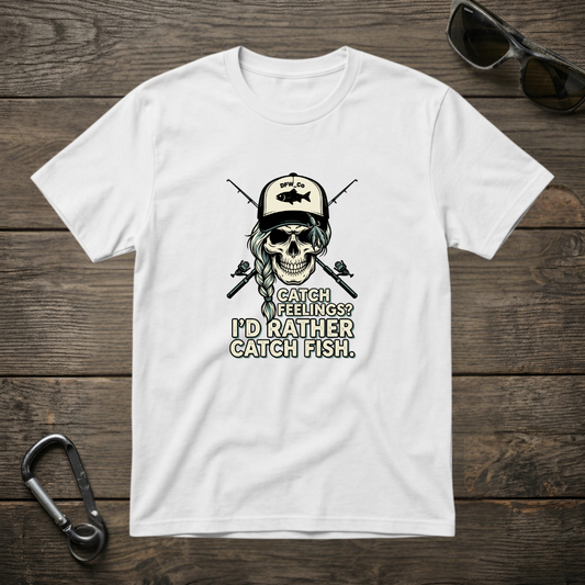 White graphic T-shirt from Designed For The Wild Co featuring a "I'd Rather Catch Fish" design, casual and comfortable fit.