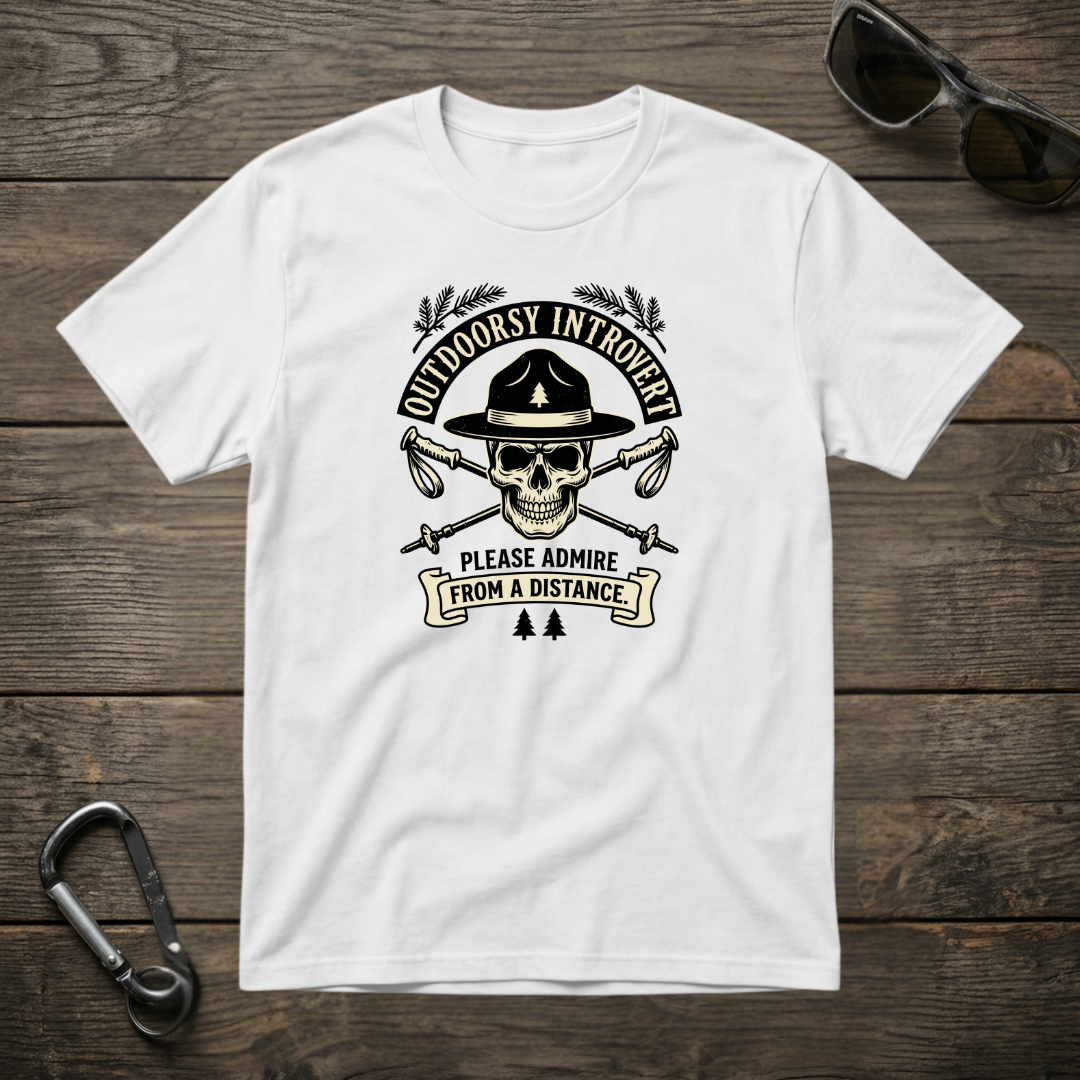White Outdoorsy Introvert graphic T-shirt by Designed For The Wild Co, featuring a simple, comfortable garment-dyed design.