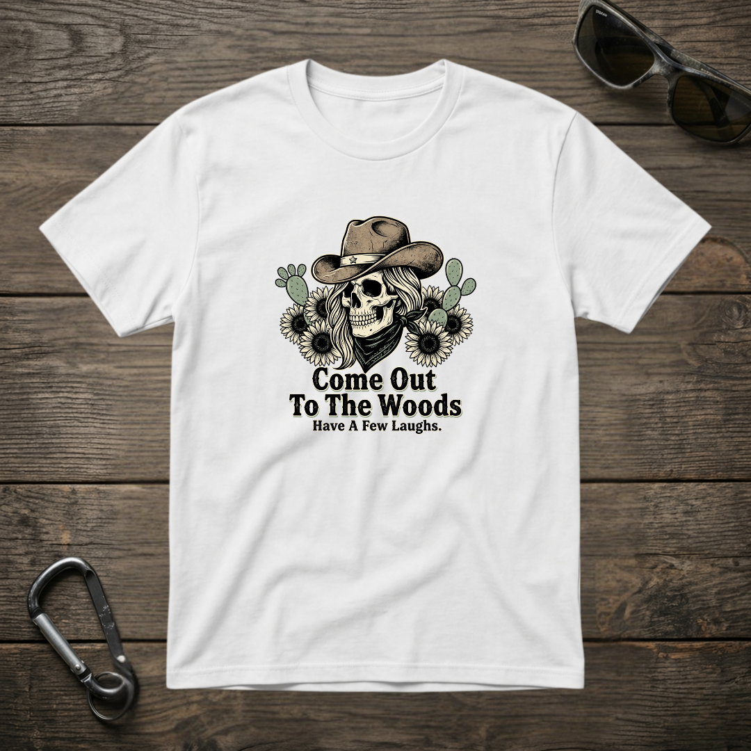 White Come Out To The Woods graphic T-shirt by Designed For The Wild Co featuring outdoor-themed print on soft garment-dyed fabric.