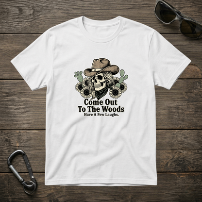 White Come Out to the Woods graphic T-shirt by Designed For The Wild Co, featuring natural woodland-inspired design.