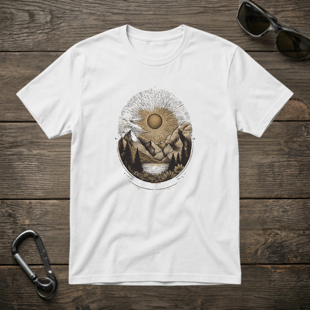 White Desert Sunset graphic T-shirt by Designed For The Wild Co featuring a vibrant sunset design on soft garment-dyed fabric.